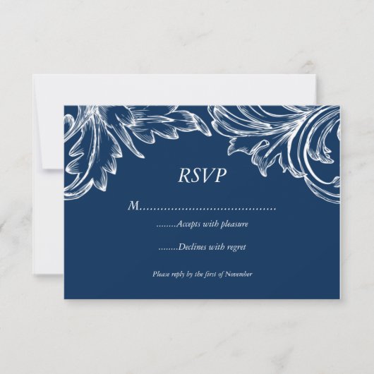  Damask RSVP-reactiekaart NAVY White RSVP Kaartje (Voorkant)