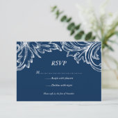  Damask RSVP-reactiekaart NAVY White RSVP Kaartje (Staand voorkant)