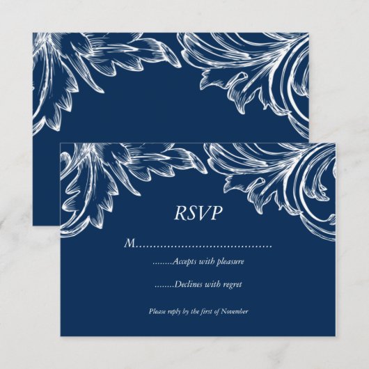  Damask RSVP-reactiekaart NAVY White RSVP Kaartje (Voorkant / Achterkant)
