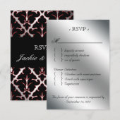 Damask RSVP Wedding Reply Card Black Silver Red Kaartje (Voorkant / Achterkant)