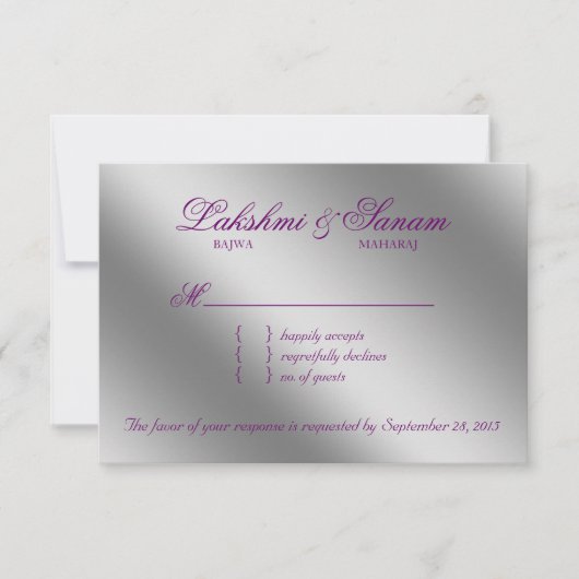 Damask RSVP Wedding Reply Sparkle Paarse Silver Kaartje (Voorkant)