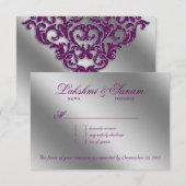 Damask RSVP Wedding Reply Sparkle Paarse Silver Kaartje (Voorkant / Achterkant)