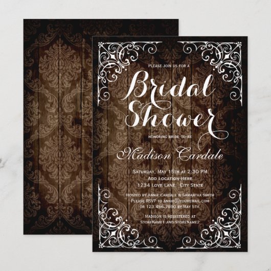 Damask Rustic Bridal Shower-uitnodigingen Kaart (Voorkant / Achterkant)