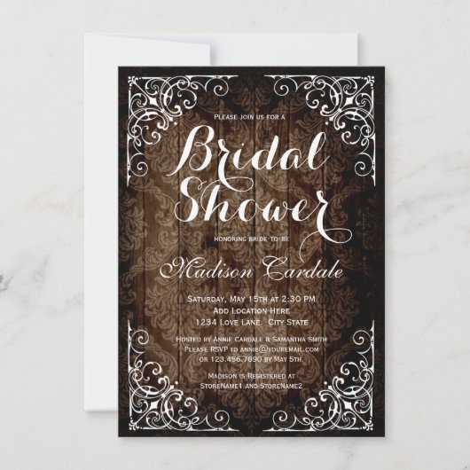  Damask Rustic Bridal Shower-uitnodigingen Kaart (Voorkant)
