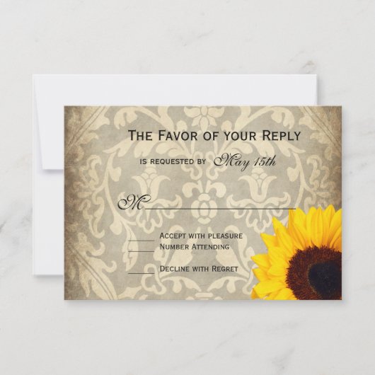 Damask Rustic Sunflower Wedding RSVP-kaarten RSVP Kaartje (Voorkant)