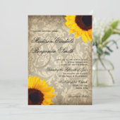  Damask Rustic Zonnebloem bruiloft uitnodiging (Staand voorkant)