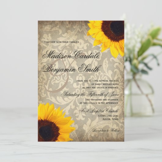  Damask Rustic Zonnebloem bruiloft uitnodiging (Staand voorkant)