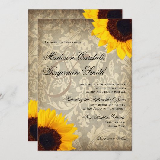Damask Rustic Zonnebloem bruiloft uitnodiging (Voorkant / Achterkant)