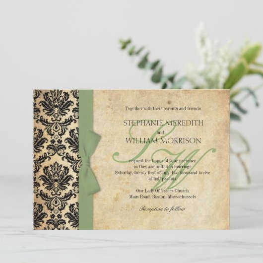 Damask  Sage Bow Wedding Invitation Kaart (Staand voorkant)