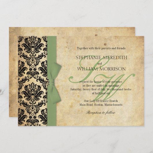 Damask Sage Bow Wedding Invitation Kaart (Voorkant / Achterkant)