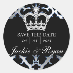 Damask Save Datum Bruiloft Stickers Blauwe kroon