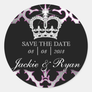 Damask Save Datum Bruiloft Stickers Roze kroon
