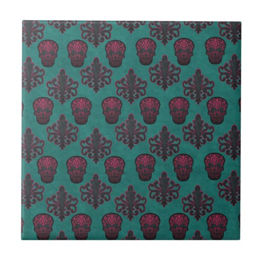 DAMASK schedel hete roze op TEAL Tegeltje (Voorkant)