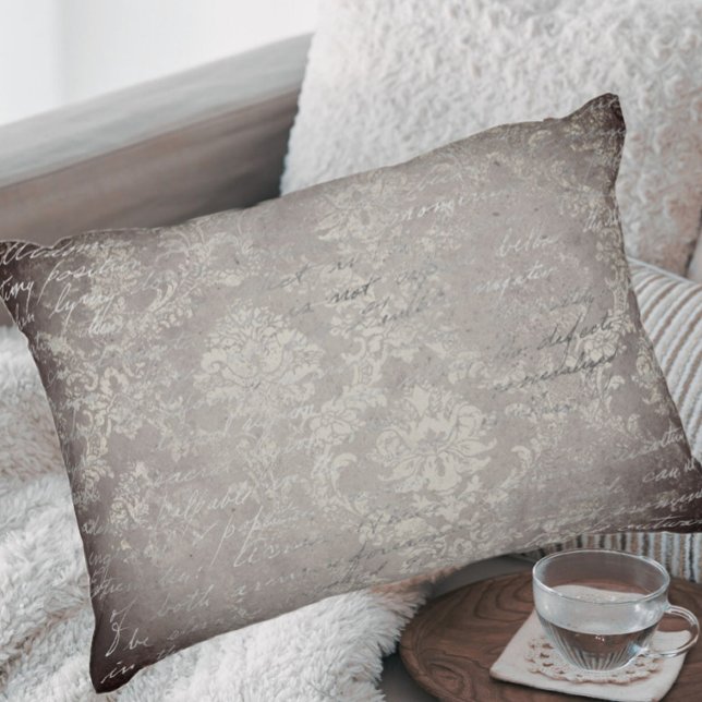 Damask & script paarse grijs distressed Accent Kussen (Creator heeft geüpload)