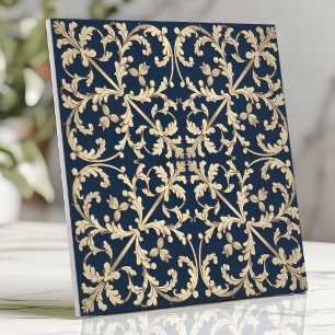  Damask Scroll Botanical Navy Blauw Goud Tegeltje