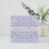 Damask Scroll Ribbon Blue Wedding Invitation Kaart (Staand voorkant)