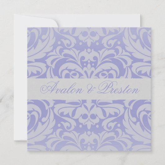 Damask Scroll Ribbon Blue Wedding Invitation Kaart (Voorkant)