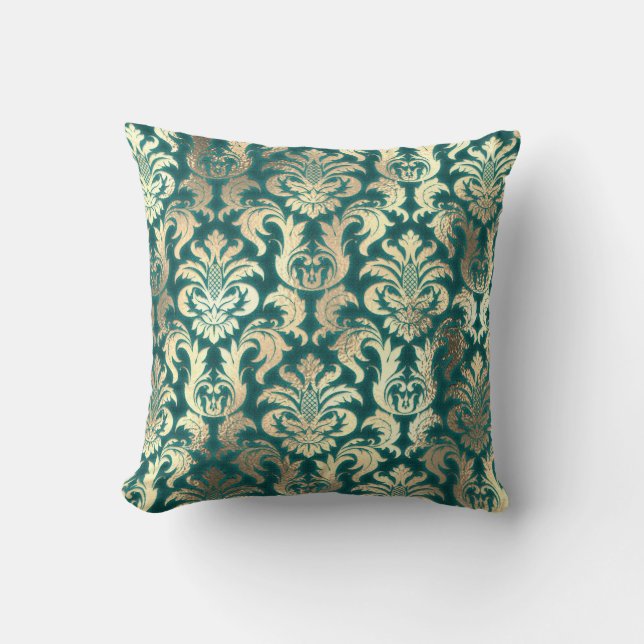 Damask Sepia Gold Lux Metallic Blauwgroen Velvet E Kussen (Voorkant)