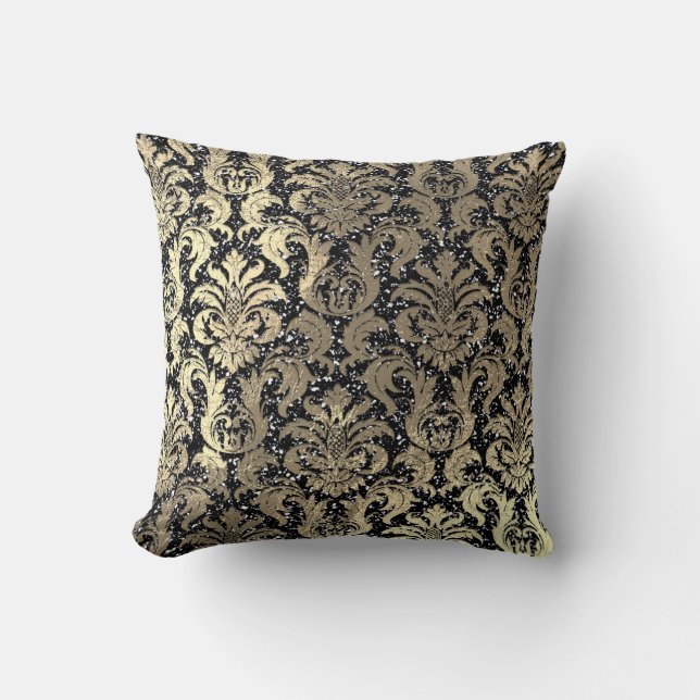 Damask Sepia Gold Metallic Black Glitter Kussen (Voorkant)