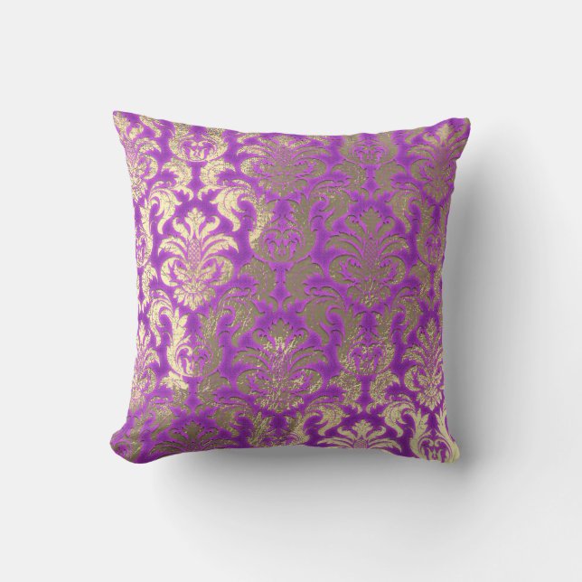 Damask Sepia Gold Metallic Magenta helder Roze Kussen (Voorkant)