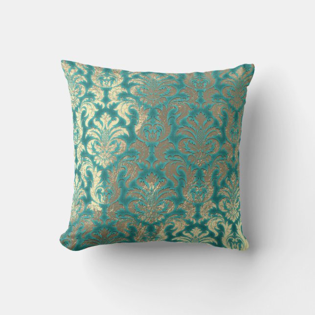 Damask Sepia Gold Metallic Mint Blu Velvet Effect Kussen (Voorkant)