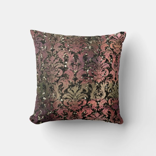 Damask Sepia Pastel Pink Green Metallic Glitter Kussen (Voorkant)