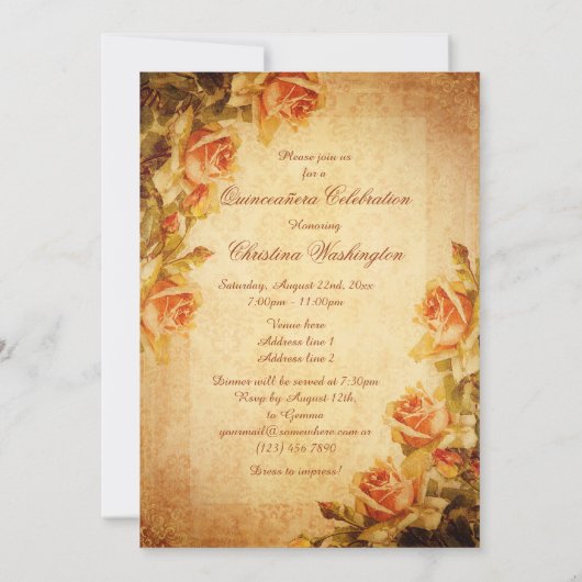  Damask Shabby Chic Peach Rozen Quinceañera Kaart (Achterkant)