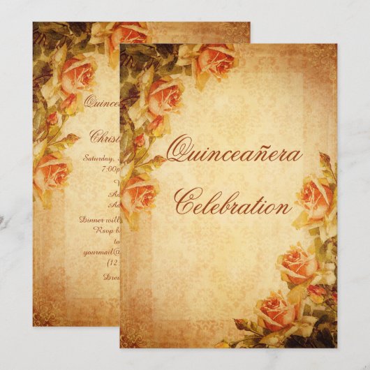 Damask Shabby Chic Peach Rozen Quinceañera Kaart (Voorkant / Achterkant)