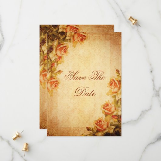 Damask Shabby Chic Peach Rozen Verjaardag Save The Date (Voorkant / Achterkant in situ)