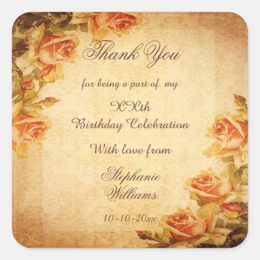  Damask Shabby Chic Peach Rozen Verjaardag Vierkante Sticker (Voorkant)