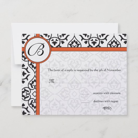 Damask Side Borders Oranje Trim Wedding RSVP (Achterkant)