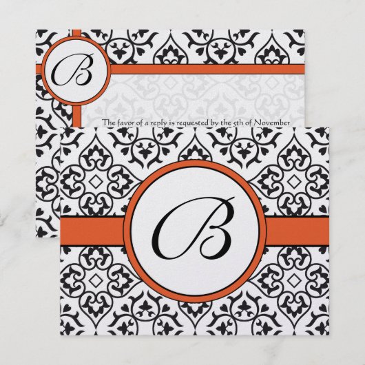 Damask Side Borders Oranje Trim Wedding RSVP (Voorkant / Achterkant)