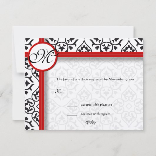 Damask Side Borders Red Trim Weddenschap RSVP (Achterkant)