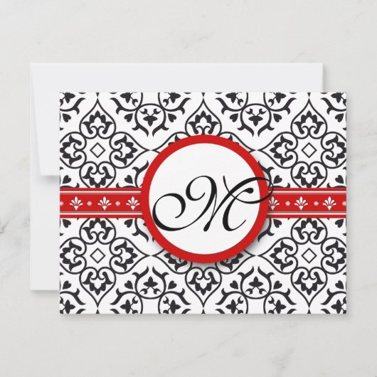 Damask Side Borders Red Trim Weddenschap RSVP (Voorkant)