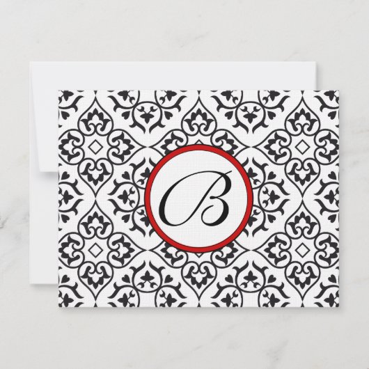 Damask Side Borders Red Trim Weddenschap RSVP Kaartje (Voorkant)