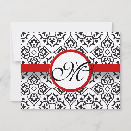 Damask Side Borders Red Trim Weddenschap RSVP Kaartje (Voorkant)