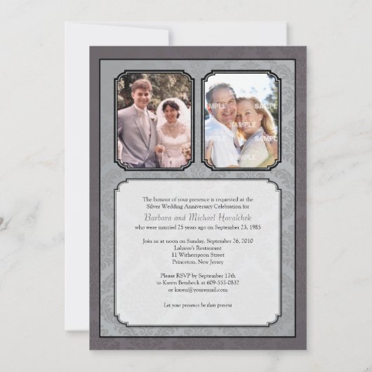 Damask Silver (25e) Jubileum Party-uitnodiging Kaart (Achterkant)