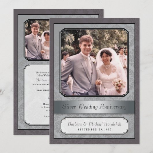 Damask Silver (25e) Jubileum Party-uitnodiging Kaart (Voorkant / Achterkant)