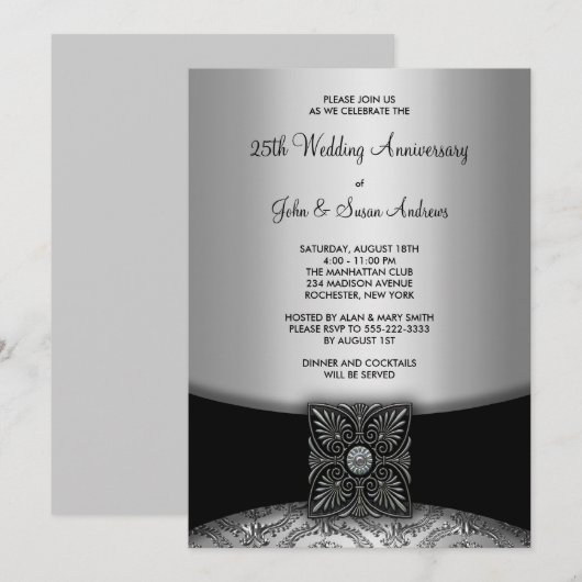 Damask Silver 25th Jubileum Party Kaart (Voorkant / Achterkant)