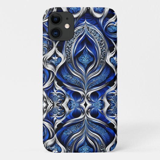 Damask Silver Blue Zwart Abstract Case-Mate iPhone Case (Achterkant)