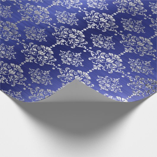 Damask Silver Cobalt Blue Royal Ornament Frankrijk Cadeaupapier (Hoek)