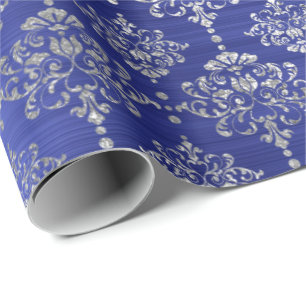 Damask Silver Cobalt Blue Royal Ornament Frankrijk Cadeaupapier