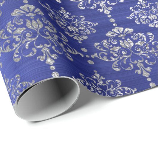 Damask Silver Cobalt Blue Royal Ornament Frankrijk Cadeaupapier (Rol Hoek)