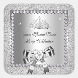 Damask Silver Diamonds Tiara Bow Heart Afbeeldinge Vierkante Sticker