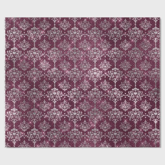 Damask Silver Gray Royal Burgundy Beet Sparkly Cadeaupapier (Vlak)