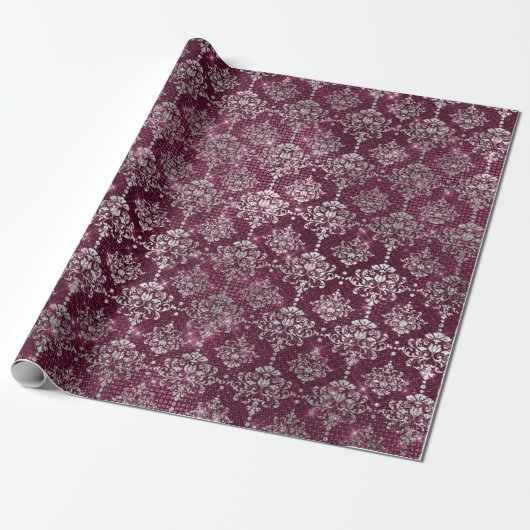 Damask Silver Gray Royal Burgundy Beet Sparkly Cadeaupapier (Uitgerold)