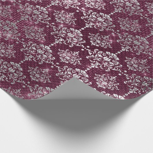 Damask Silver Gray Royal Burgundy Beet Sparkly Cadeaupapier (Hoek)