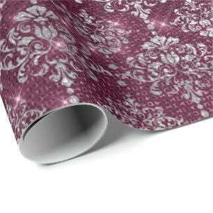 Damask Silver Gray Royal Burgundy Beet Sparkly Cadeaupapier