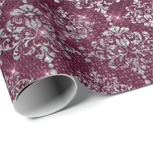 Damask Silver Gray Royal Burgundy Beet Sparkly Cadeaupapier (Rol Hoek)