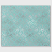 Damask Silver Gray Royal Metallic Aqua Blu Cadeaupapier (Vlak)